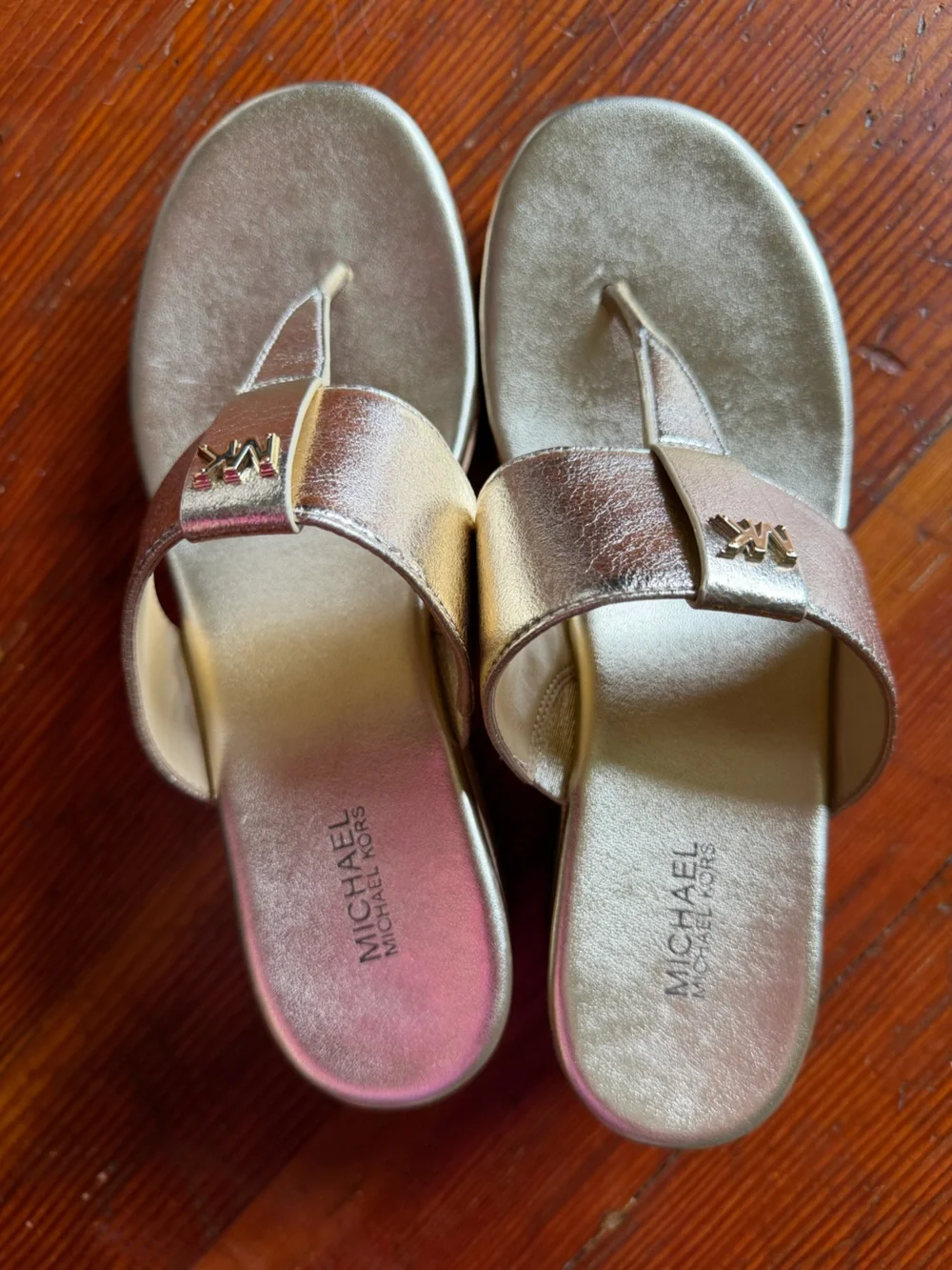 Michael Kors Metallic Gold Leather Thong Wedge Sandals